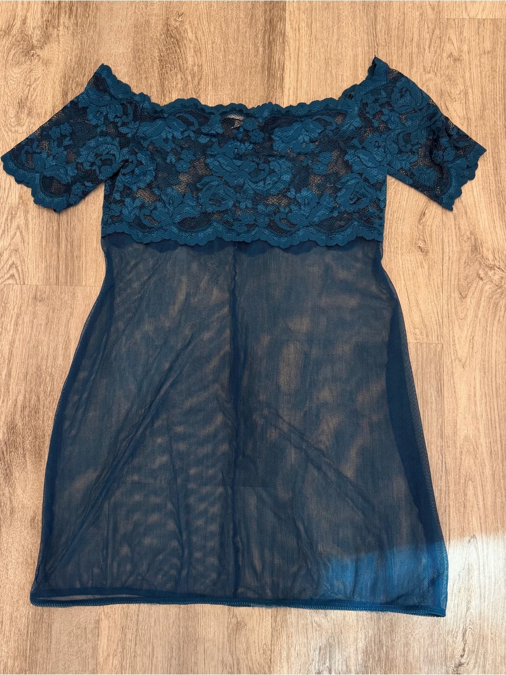 Victoria’s Secret Teal Sheer Lace Off Shoulder‎ Slip Dress Size Large